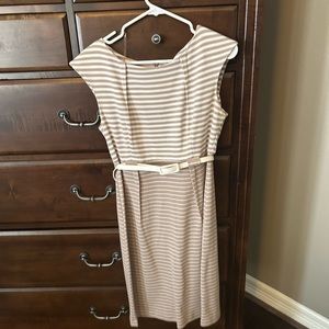 A Line Dress!  Connected apparel in tan and cream! Small white belt size 10!